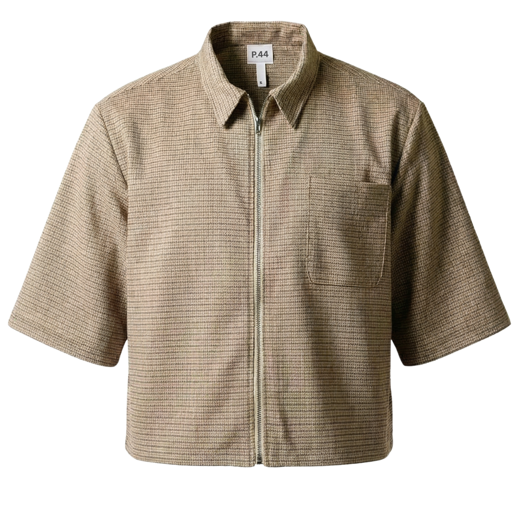 P.44 Red & Tan Plaid Classic Houndstooth Boxy Zipped Cropped Polo