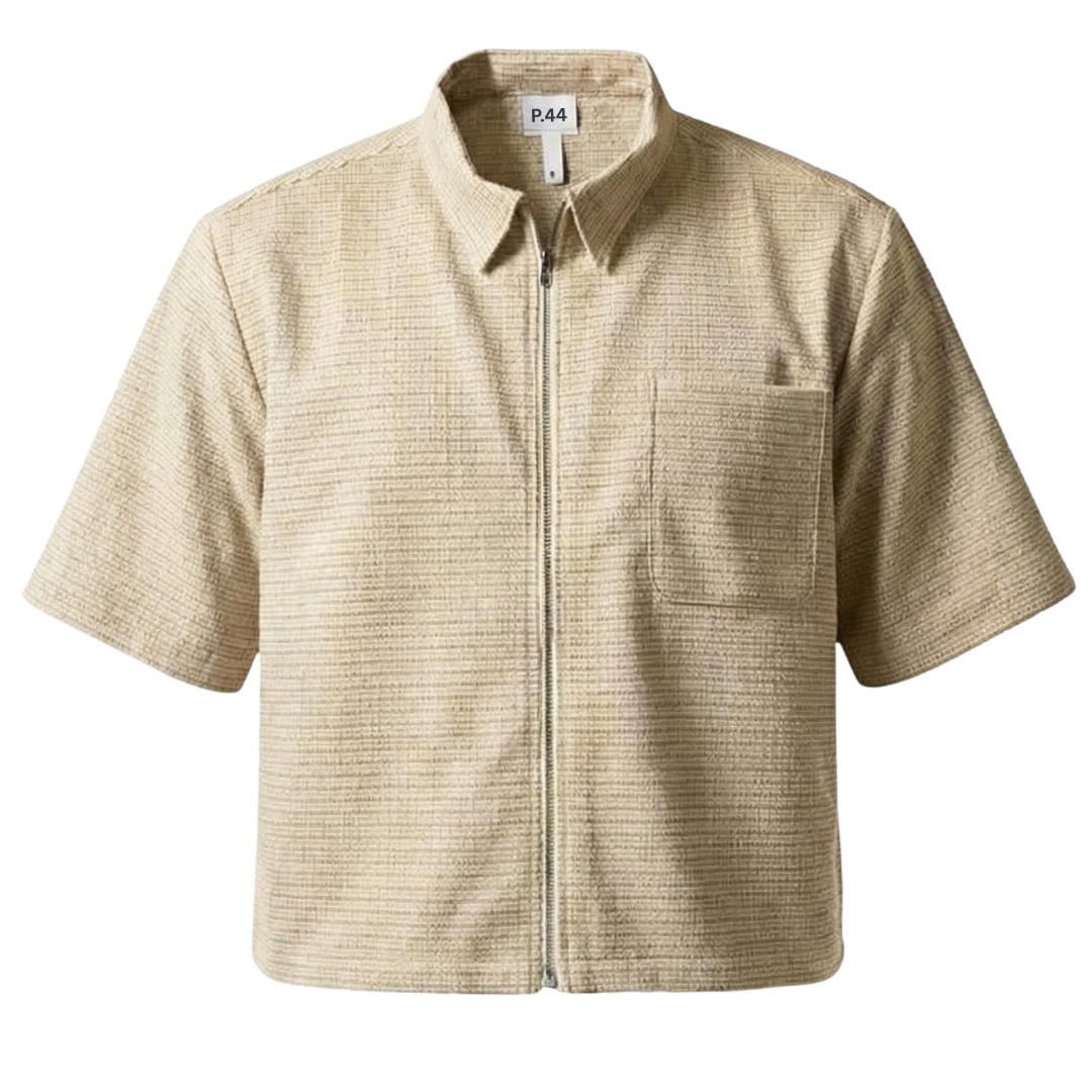 P.44 Beige & White Plaid Classic Houndstooth Boxy Zipped Cropped Polo